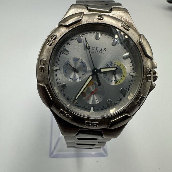 Guess Waterpro Watch Men Silver Tone 38MM Multi Dial Day Date New Battery 8" - Picture 3 of 13